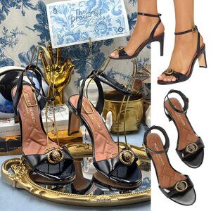 🆕 KURT GEIGER LONDON 🧿 NWOB Chelsea Heel Sandal, Black Patent - Sz 38 US 7.5